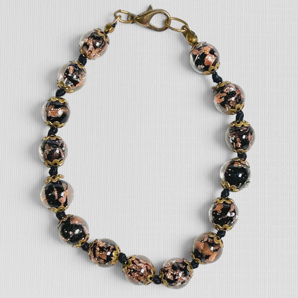 VTG Murano Art Glass Beaded Bracelet Sommerso Black Copper Aventurine Italy